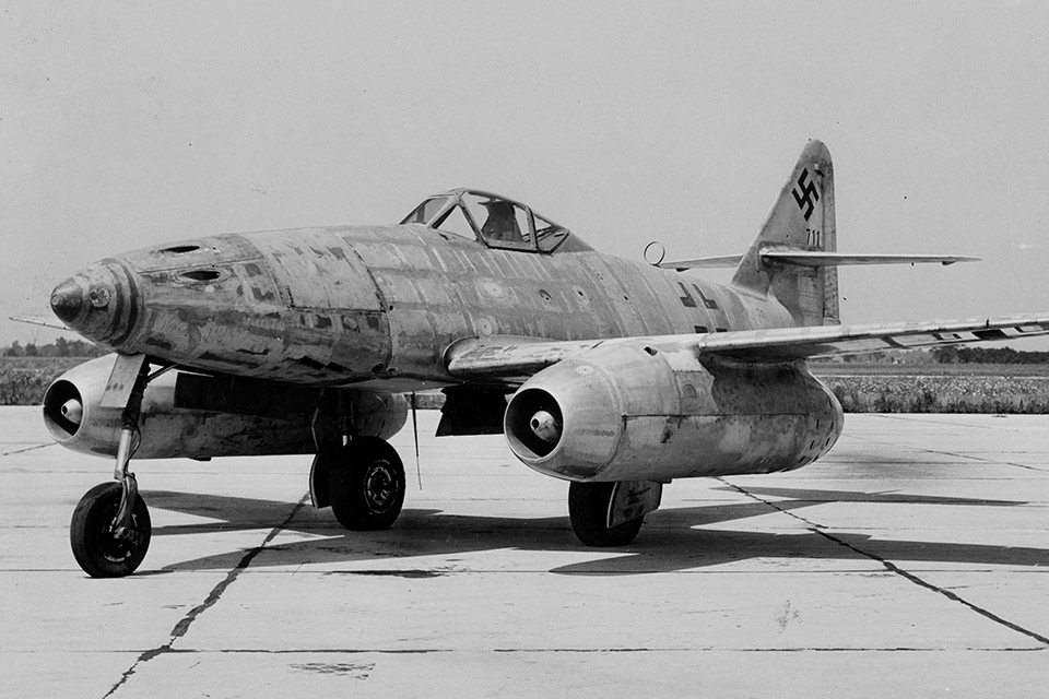 Watson and his Whizzers were able to rebuild only a few of the sleek German jets, and get them airworthy.  (National Archives)