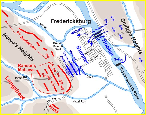 Sumner's 1:00 p.m. assault, Decemeber 13, 1862, with Union division attacks begun with French (II Corps), then Hancock (II), Howard (II), and finally, Sturgis (IX).