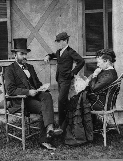 This 1880 photograph shows Grant, Jesse Grant, and Julia Dent Grant on the porch of their summer home in Long Branch, New Jersey.