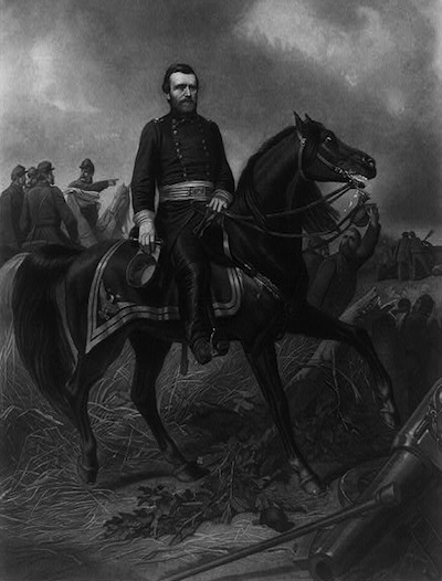 This 1892 William Sartain engraving of an 1866 Christian Schussele painting shows Grant in uniform sitting on horseback.