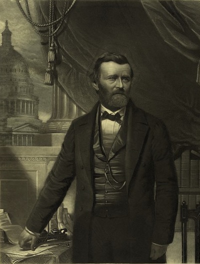 This 1866 William Sartain engraving shows Grant at a desk with the U.S. Capitol Building in the background.