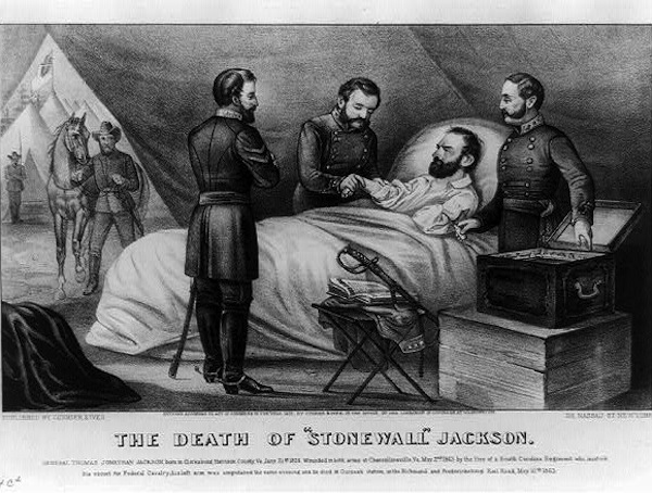 This Currier & Ives lithograph depicts Jackson on his deathbed after being wounded in the Battle of Chancellorsville on May 2, 1863.