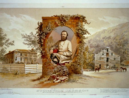 This Henderson-Achert Company lithograph depicts a framed portrait of Jackson in front of his uncle's West Virginia home, where he was raised. The grist mill at right is now a museum.