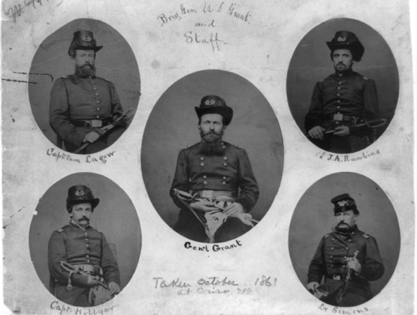 Composite of five portraits: General Grant, Captain Lagow, Capt. Hillyer, J.A. Rawlins and Dr. Simons. (Library of Congress Prints and Photographs Division)