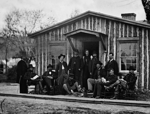 City Point, Va. Members of Gen. Ulysses S. Grant's staff. Photograph from the main eastern theater of war, the siege of Petersburg, June 1864-April 1865. Includes photographer Mathew Brady, standing at far left. (Library of Congress Prints and Photographs Division)