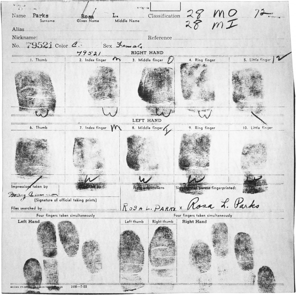The fingerprint card of Rosa Parks was produced in association with her arrest for refusing to obey orders of a bus driver on December 1, 1955 in Montgomery, Alabama. (Records of District Courts of the United States/National Archives)