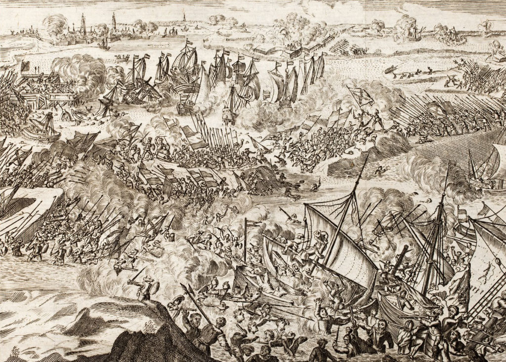 The Dutch are finally defeated by the Spanish armies on the Scheldt near Antwerp, 26 May 1585. (Peace Palace Library)