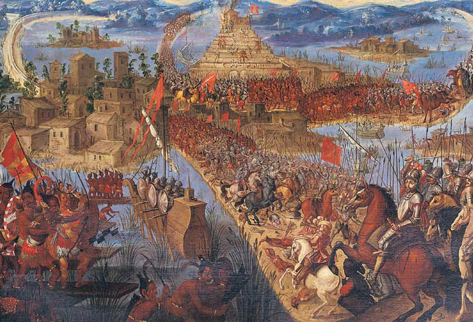 Depicted in this painting is the siege of Tenochtitlán, as Cortés and his Spanish armies clash against Aztec leader Cuauhtémoc and the Mexica in May 1521. Leading his Spanish armies into the city, Cortes orders the complete destruction of Tenochtitlán, including its palaces, temples, and squares. With little food, high casualties, the destruction of the main temple, and the capture of Cuauhtémoc, the remaining survivors surrender three months later, marking both the end of the battle as well as the end of Aztec empire. (Library of Congress)