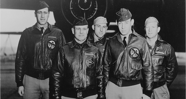Lt. Col. James H. Doolittle (second from left) poses with his crew prior to the April 18, 1942, Tokyo Raid. From left: Lt. Henry A. Potter, Staff Sgt. Fred A. Braemer, Lt. Richard Cole and Staff Sgt. Paul J. Leonard.