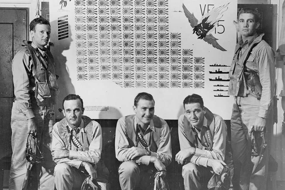 Five “Fabled 15” pilots pose on August 27, 1944. From left: Lt. Cmdr. James F. Rigg, Commander McCampbell, Ensign Richard E. Fowler Jr., Lt. (j.g.) George R. Carr and Ensign Claude W. Plant. (National Archives)