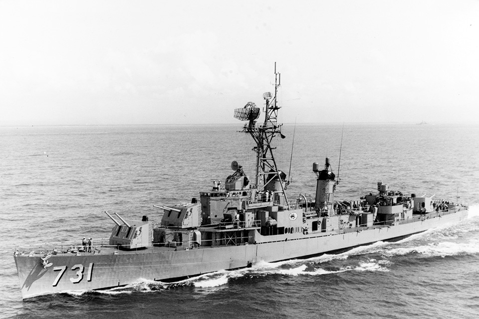USS Maddox, Mar. 21, 1964, after being refitted with an SPS-40 search radar. (PH2 Antoine/Naval History and Heritage Command)