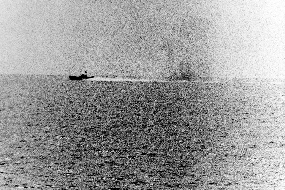 Taken from USS Maddox during the August 2nd engagement, this photo shows one of the three North Vietnamese torpedo boats. (U.S. Navy)