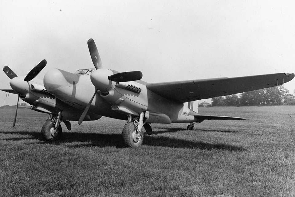 A radar housed in its bulbous nose, the Mosquito served as a potent night fighter. (IWM ATP 13735B)