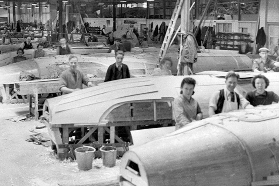 One of the places where the RAF's wooden Mosquito fighter bomber is made is at the Walter Lawrence & Sons joinery works in Sawbridge, Hertfordshire. (HistoryNet Archives)