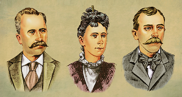 The victims of the Nov. 8, 1897, poisoning were (from left) Louis Belew, sister Susie Belew and Louis' livery stable employee Bruno Klein. Klein later realized his luck at having eaten so little for breakfast that day. (Gregory Proch illustration, based on a San Francisco Call illustration)
