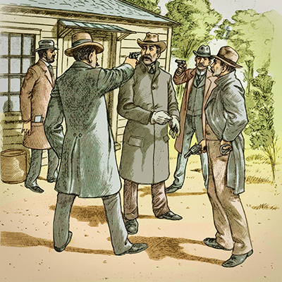 On Feb. 3., 1898, authorities arrested Frank Belew at his ranch 8 miles outside Dixon. San Francisco Examiner correspondent John F. Conners, at left, noted Belew's placid response. (Gregory Proch illustration, based on a San Francisco Call illustration)
