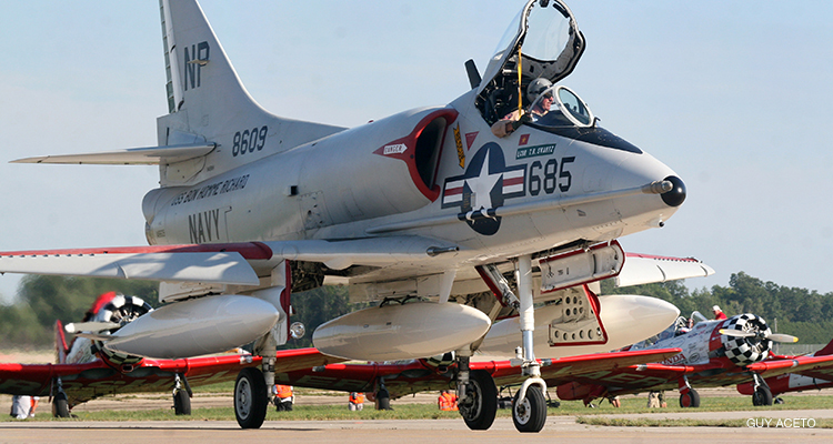 This restored A-4B Skyhawk wears the markings of the A-4C flown by Lt. Cdr. Ted "T.R." Swartz. On May 1, 1967, Swartz shot down a MIG-17 over North Vietnam with an unguided ZUNI rocket.
