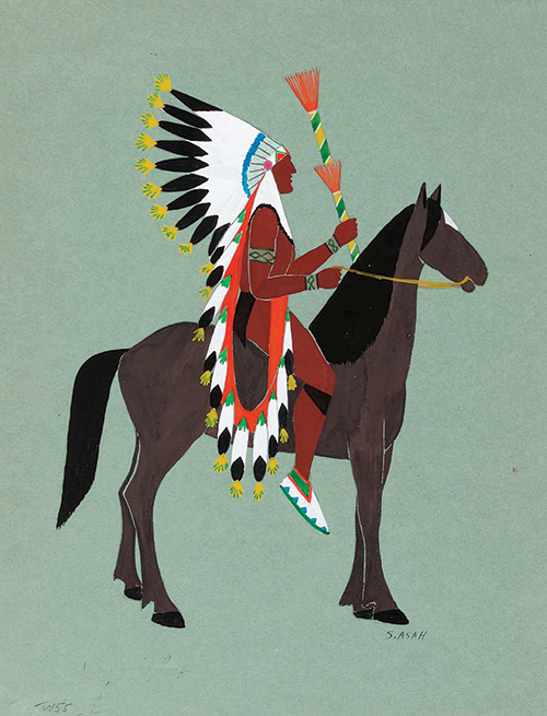 Spencer Asah worked with Mopope on murals for the Anadarko Post Office, rendering this colorful depiction of a mounted chief.