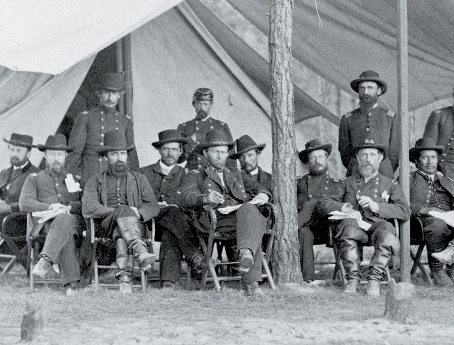 Grant, center, with officers at City Point, Va., his base for the 10-month Siege of Petersburg—one of the longest in U.S. history. (Library of Congress)
