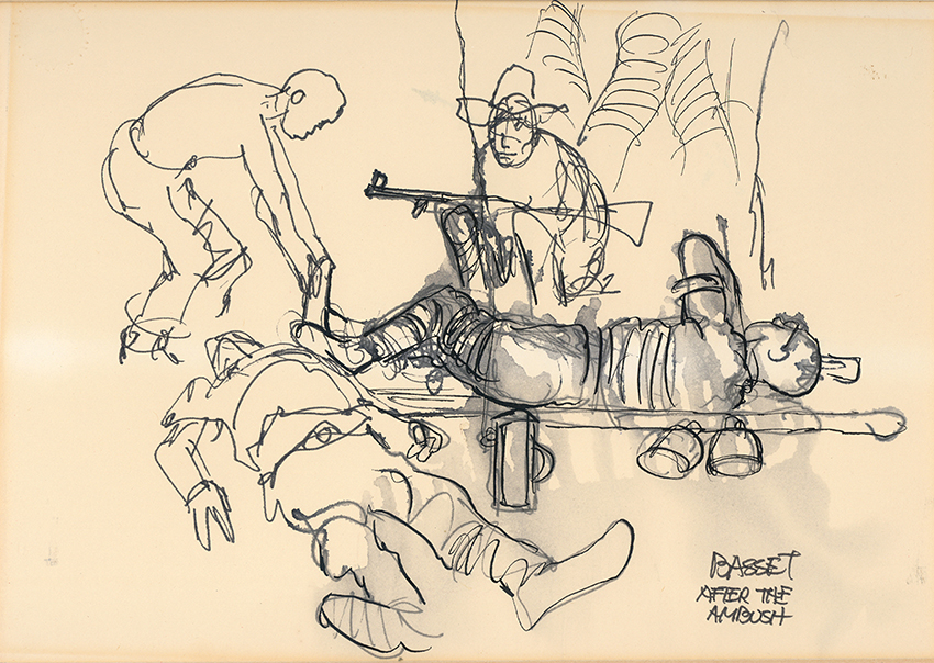 Waiting for Chopper…One Dead, One Wounded: The Viet Cong ambush on Basset’s Green Beret patrol left one Montagnard soldier close to death from a head injury (at left) and an American medic with severe leg wounds (on stretcher). “I dived behind a rock and managed to escape serious injury,” Basset recalls, “although one of my sketchbooks bears a bullet hole from the attack.” (Courtesy Gene Basset)