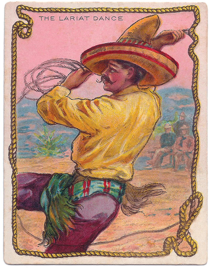 THE LARIAT DANCE — The vaqueros like to go where there is music and dancing, and from a trick some of them had of flourishing their lariats about at the baille was evolved the famous lariat dance. As done by an expert, this is a remarkable performance. 
