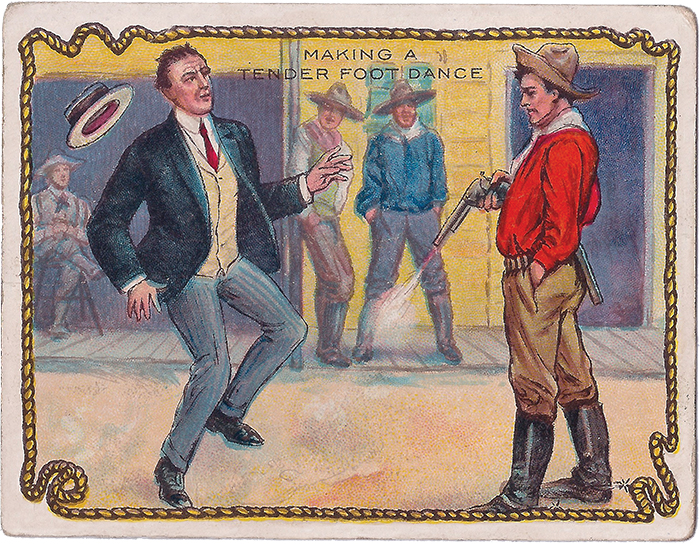 MAKING A TENDERFOOT DANCE — Any tenderfoot who made himself obtrusive was considered fair game. A popular means of having fun with him was to make him dance to the music of a big Colt, which spattered an occasional bullet under his feet to make him step higher. 