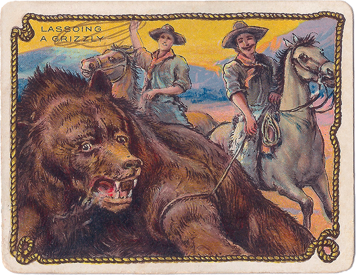 LASSOING A GRIZZLY — If several of the boys were together, entirely careless of the fact that a grizzly at close quarters is a most dangerous animal, it was the height of their ambition to rope and throw him. They had absolute confidence in their own skill and their ponies’ agility. 