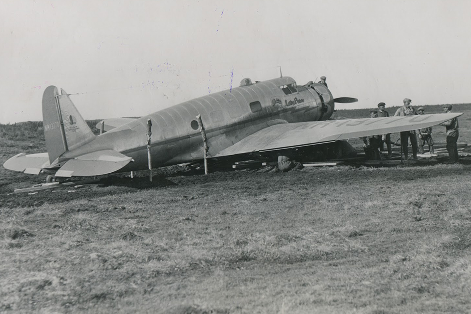 After a nonstop crossing to the east, Merrill barely makes it back crossing the Atlantic a second time, after his co-pilot Harry Richman jettisons 500 gallons of fuel during a storm. "Lady Peace" came to grief on a bog at Musgrave Harbor, Newfoundland. (Virginia Aviation Museum)