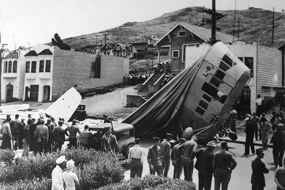 The blimp finally came to rest atop Richard Johnston's freshly waxed car in Daly City, Calif., just south of San Francisco. (National Archives)