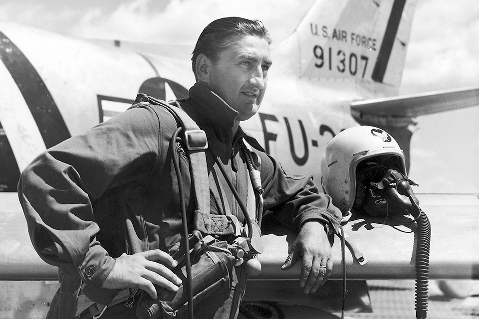 During the Korean War, Colonel Gabreski stands beside an F-86A Sabrejet assigned to the 334th Squadron, 4th Fighter Intercepter Wing. (U.S. Air Force)