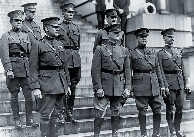 Fox Conner (front left, as a major general) began his career under the legendary John J. Pershing (front row, second from left). Pictured with Pershing staff in 1919 are Conner, George C. Marshall (back row third from left), and “Black Jack” himself. (Library of Congress)