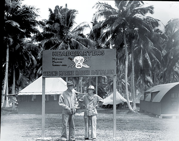 A sign lists the 2nd Raider campaigns fought within a six-month span of 1942.
