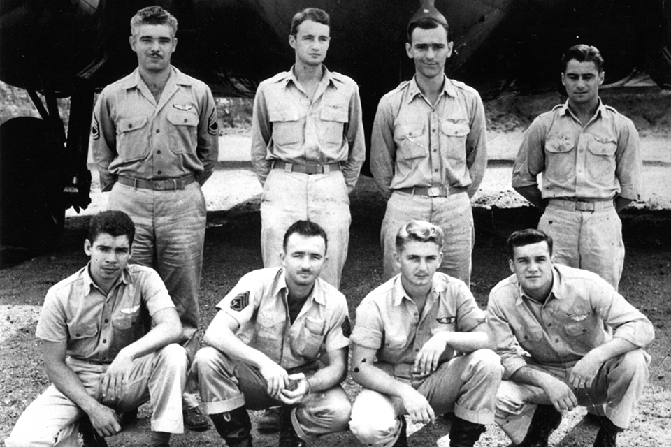 The “Eager Beavers” repeatedly volunteered for risky reconnaissance missions. Front row: William Vaughn, George Kendrick, Johnnie Able, Herbert Pugh. Back row: Bud Thues, Jay Zeamer, Hank Dyminski, Joe Sarnoski. Just prior to the June 16 mission, Forrest Dillman was added to the crew and John T. Britton and Ruby Johnston replaced Dyminski and Thues, who contracted malaria.  (National Archives)