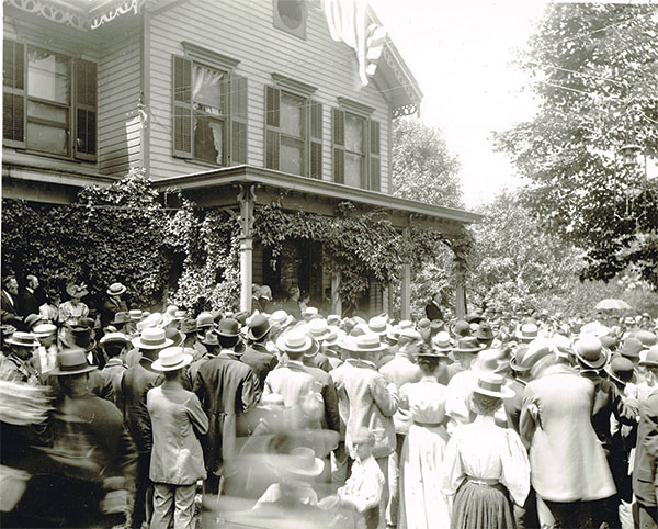 Using his porch in Canton, Ohio, as a pulpit, William McKinley speaks to one of many groups who came to see him.