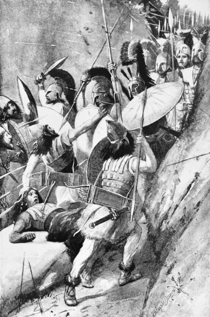 Spartans hold back Persian forces at Anopaea, a single-file pass near Thermopylae.