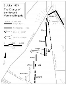 This map illustrates the route of the Vermonters from Cemetery Hill to Cemetery Ridge, and its pursuit of retreating Confederates. (Map by Paul Bretzger)