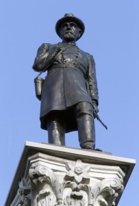 A bronze likeness of Brigadier General George Stannard stands atop the Vermont Monument on Cemetery Ridge where the Second Vermont Brigade fought on 2 and 3 July, 1863. The statue portrays Stannard with an armless sleeve even though he did not lose an arm until after Gettysburg. (Photo by William Bretzger)