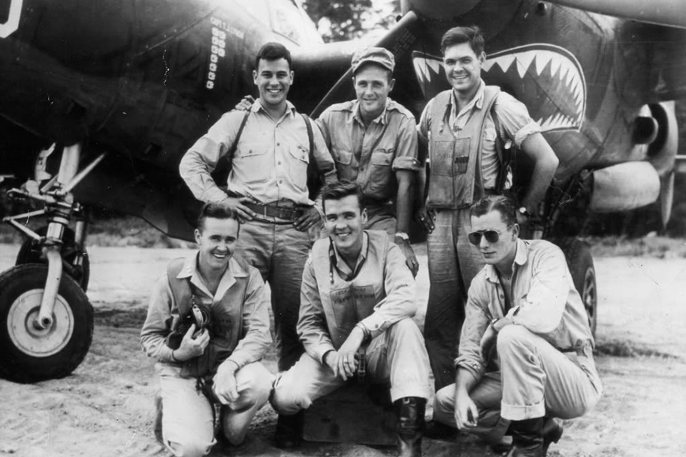 Under the leadership of 39th Fighter Squadron commander Thomas J. Lynch, Bong honed his deadly craft. Kneeling, from left: Captain Charles P. O'Sullivan (5 victories), Lynch (20), 1st Lt. Kenneth C. Sparks (11). Standing, from left: Captain Richard C. Suehr (5), 1st Lt. John H. Lane (6), 1st Lt. Stanley O. Andrews (6). (U.S. Air Force)