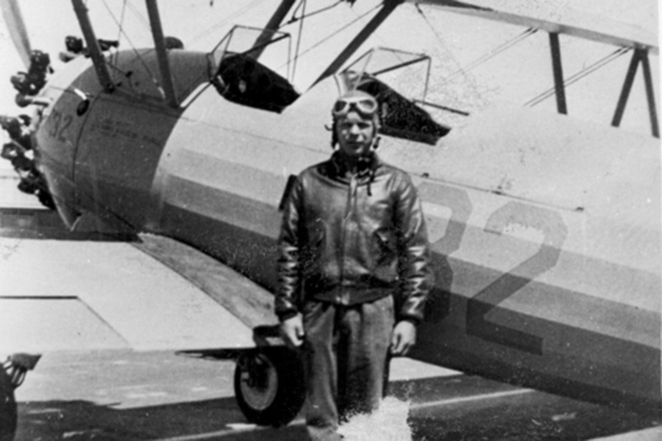 Cadet Bong stands in front of his Boeing-Stearman PT-13 trainer. One of Bong's flight instructors judged him the finest natural pilot he had ever met. (Richard I. Bong WWII Heritage Center)