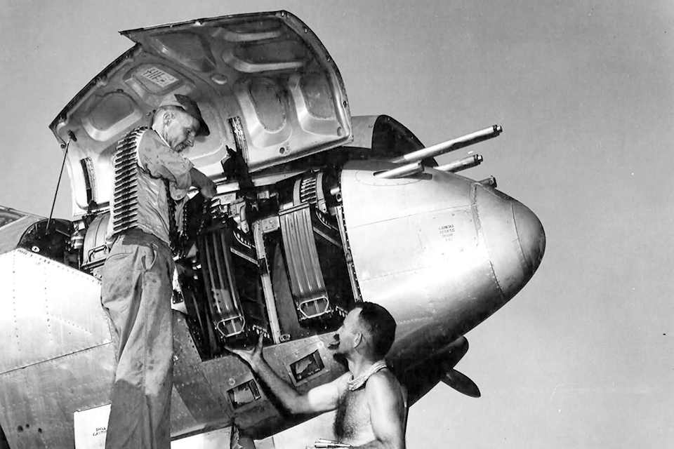 The concentration of firepower in the nose of the Lockheed P-38 Lightning made Bong's head-on attacks very effective against his lightly armored opponents. (National Archives)