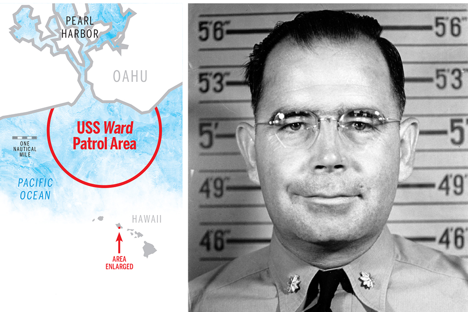 Lieutenant William W. Outerbridge (as a Lieutenant Commander in his service record photo) took command of the 1918-vintage destroyer USS Ward on Friday, December 5, 1941. The destroyer was to patrol waters just off Oahu. (U.S. Navy; map by Brian Walker)