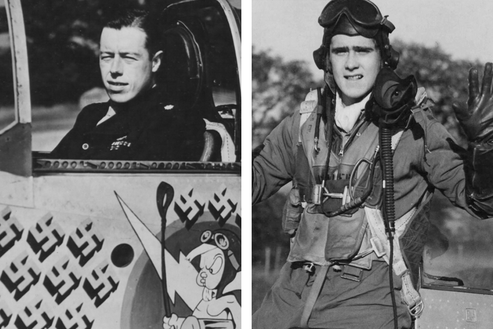 Lt. Col. John Meyer (left) commanded the 352nd Fighter Group; the 352nd's Captain William Whisner (right) claimed six victories on November 21, 1944, and added four on January 1. (National Archives)