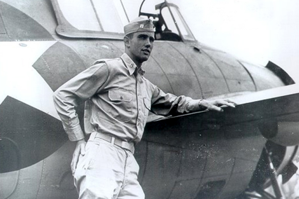 After bagging a Japanese Zero at the Battle of Midway, Carl would shoot down four more enemy aircraft over Guadalcanal to become the Marine Corps' first ace of WWII. (National Archives)