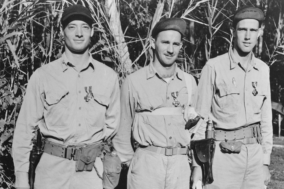 Guadalcanal heroes: On November 4, 1942, (from left) Major John Smith, Major Robert Galer and Captain Marion Carl were awarded Navy Crosses by Admiral Chester W. Nimitz. (National Archives)