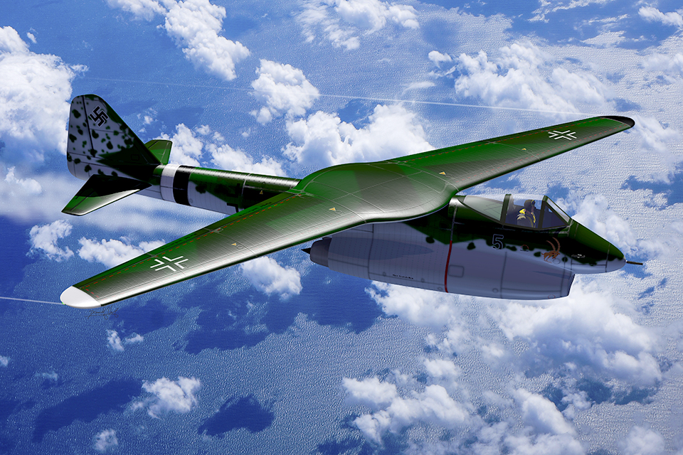 The variable-geometry, oblique-wing configuration of Vogt’s P.202 proposal would later be applied to NASA’s Burt Rutan-designed AD-1. (Illustration by Daniel Uhr)