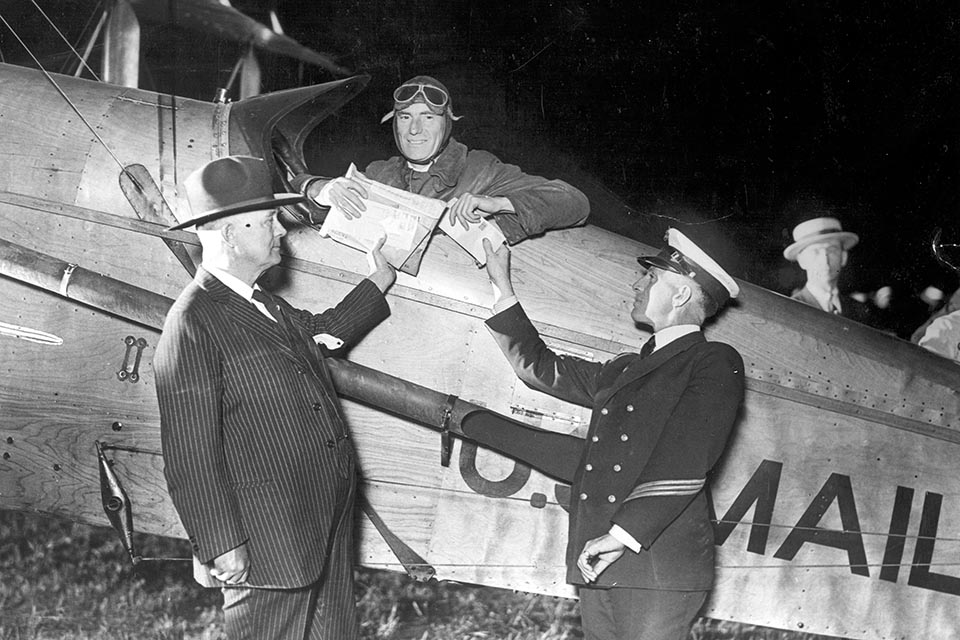 James Hill prepares to inaugurate transcontinental night-and-day scheduled airmail service on July 1, 1925. (National Postal Museum)