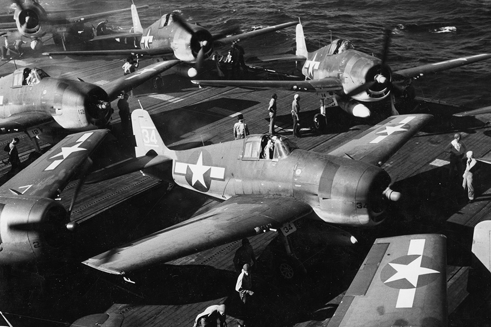 F6F-3s warm up on the aircraft carrier Bunker Hill during the Marianas campaign, which climaxed with the Battle of the Philippine Sea in June 1944. (National Archives)