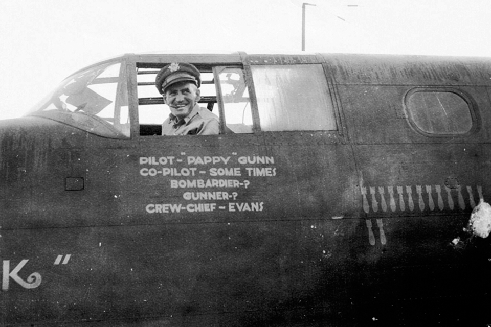 The freewheeling Paul “Pappy” Gunn—shown here in a B-25 called Out of Stock because Gunn used it to scour Australian bases for aircraft parts that were often “out of stock”—was a master at getting what he needed, and making it work. (Courtesy of Nathaniel Gunn)