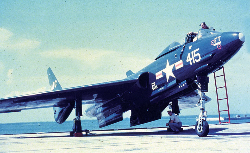 A pilot boards an F7U-1 for a test flight in 1952. (U.S. Navy)