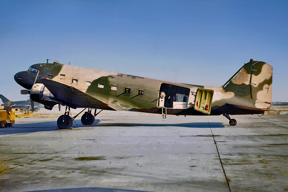"The Leper" was a combat veteran long before it joined the 4th Air Commando Squadron at Bien Hoa. The gunship's perpetually peeling paint and motley camouflage pattern earned the AC-47 its nickname. (Steve Birdsall)